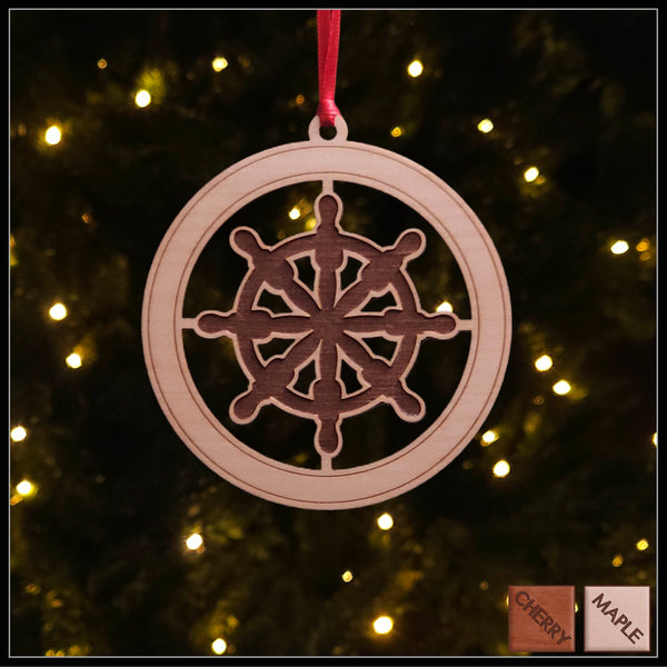 Maple Ship's Wheel Christmas tree ornament - Holiday Decor - Copyright Hues in Glass