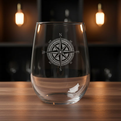Compass Rose Stemless Wine Glass - Design 3 - Deeply Etched 17 oz Glass - Personalized Gift