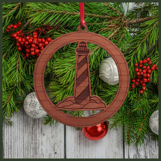 Cherry Veneer Lighthouse Christmas tree ornament - Holiday Decor - Copyright Hues in Glass