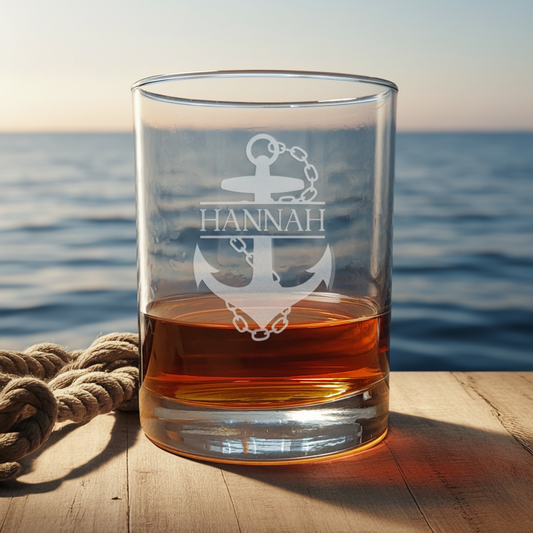 Clear glass with 'HANNAH' and anchor design filled with amber liquid, placed on a wooden surface with ocean background.