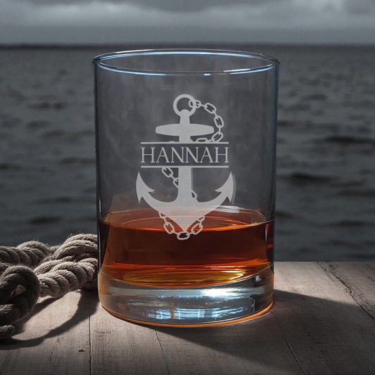 Anchor and Chain 13oz Whiskey Glass with Name - Personalized Sandblasted by Hand Nautical Gift