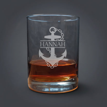 Anchor and Chain 13oz Whiskey Glass with Name - Personalized Sandblasted by Hand Nautical Gift