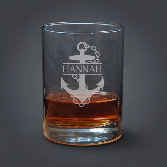Anchor and Chain 13oz Whiskey Glass with Name - Personalized Sandblasted by Hand Nautical Gift