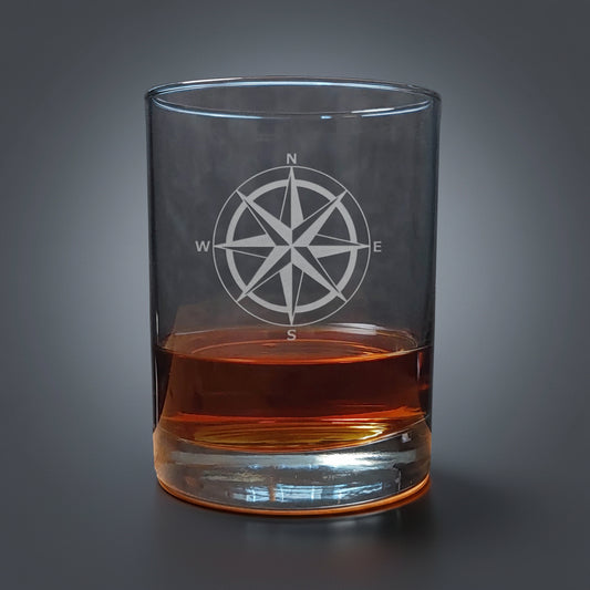 Compass Rose 13oz Whiskey Glass - Personalized Sandblasted Nautical Gift