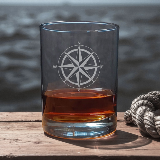 Compass Rose 13oz Whiskey Glass - Personalized Sandblasted by Hand - Nautical Gift