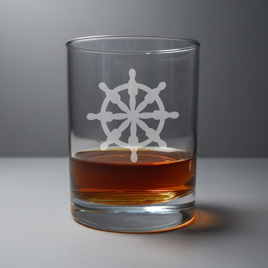Ship's Wheel 13oz Whiskey Glass – Personalized Hand-Sandblasted Nautical Gift for Whiskey Lovers