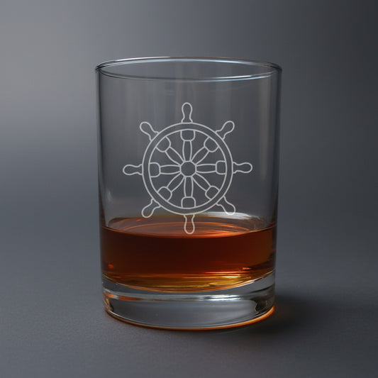 Ship's Wheel 13oz Whiskey Glass – Personalized Sandblasted by Hand - Nautical Gift for Whiskey Lovers