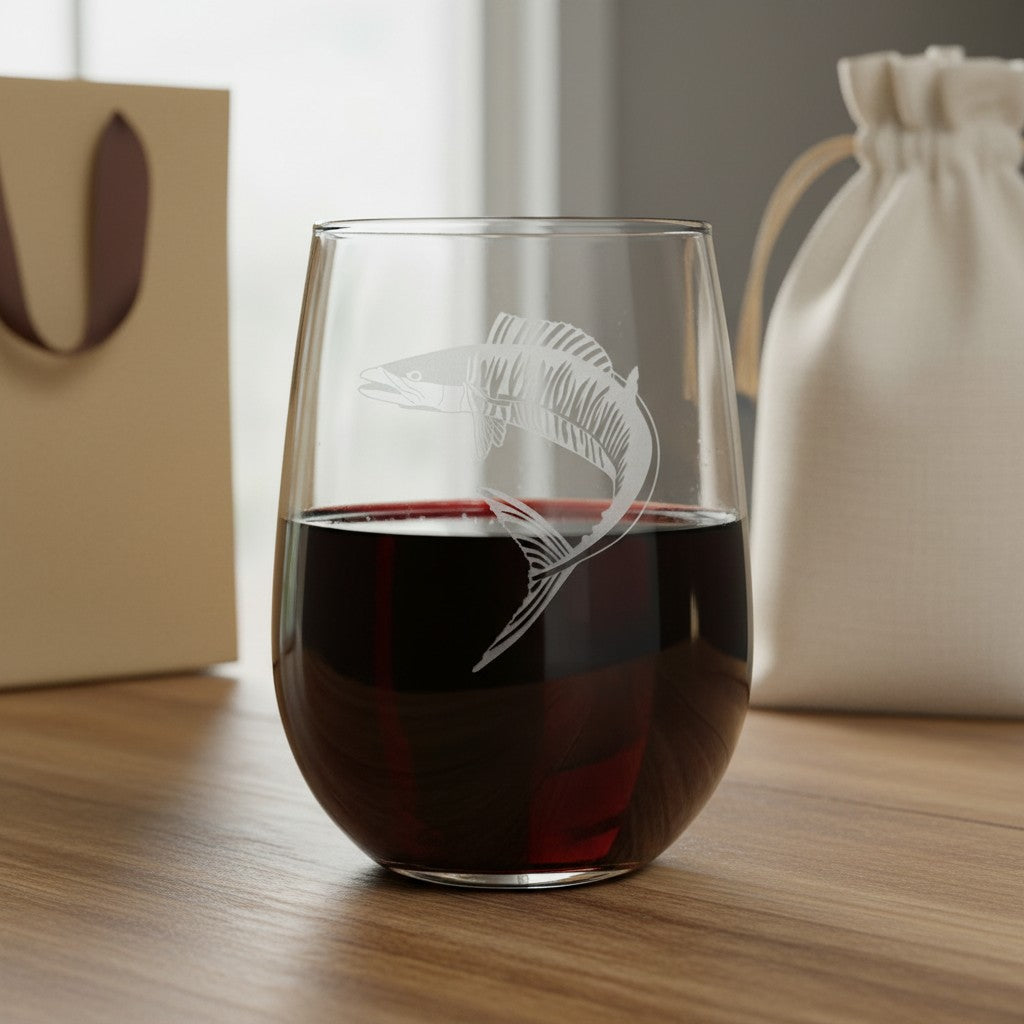 A clear stemless wine glass with an etched ono design, partially filled with red wine, set on a wooden table with a gift bag and drawstring pouch in the background.