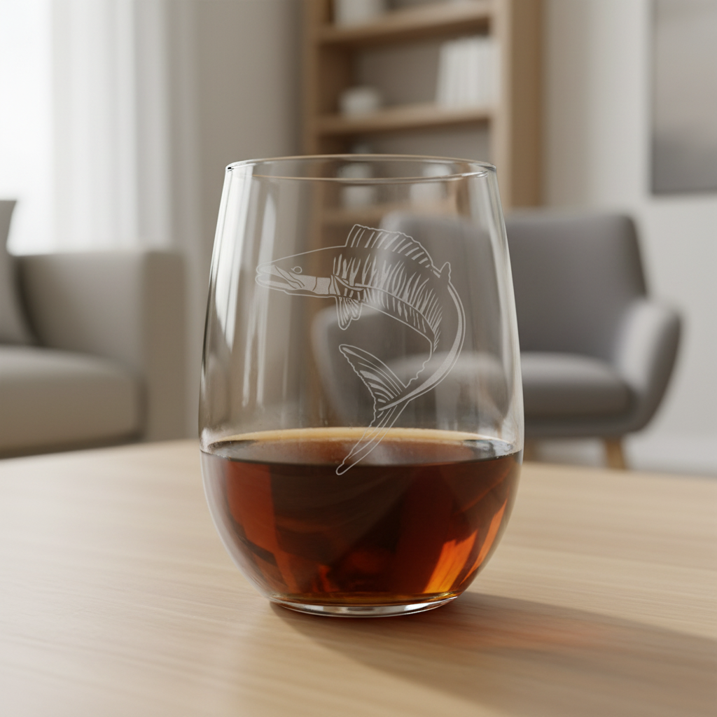A clear stemless wine glass with an etched fish design, partially filled with an amber-brown liquid, set on a light wood table in a softly blurred living room background.