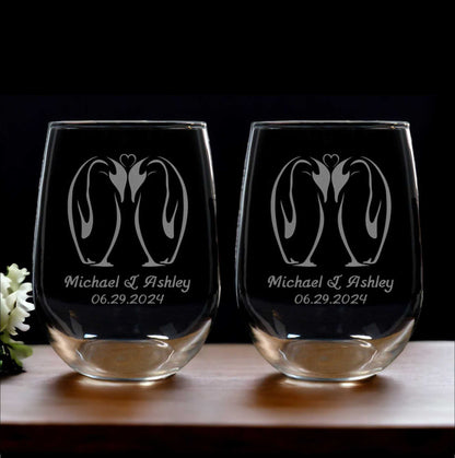 Kissing Penguins 17oz Stemless Wine Glass Set of 2 – Bride & Groom Engraved Personalized Couple Glassware