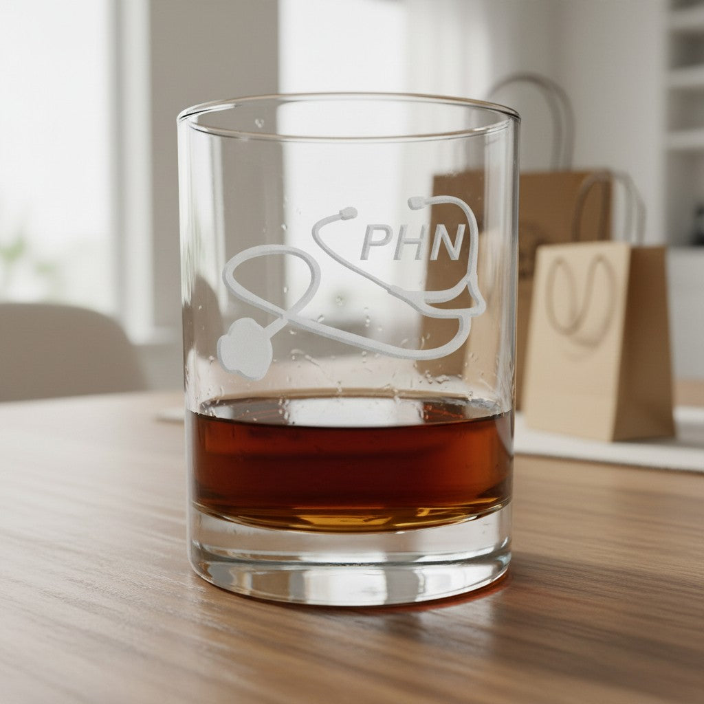 A clear lowball glass with an etched stethoscope and 'PHN' design, partially filled with amber liquid, sitting on a wooden table in a softly blurred indoor setting.