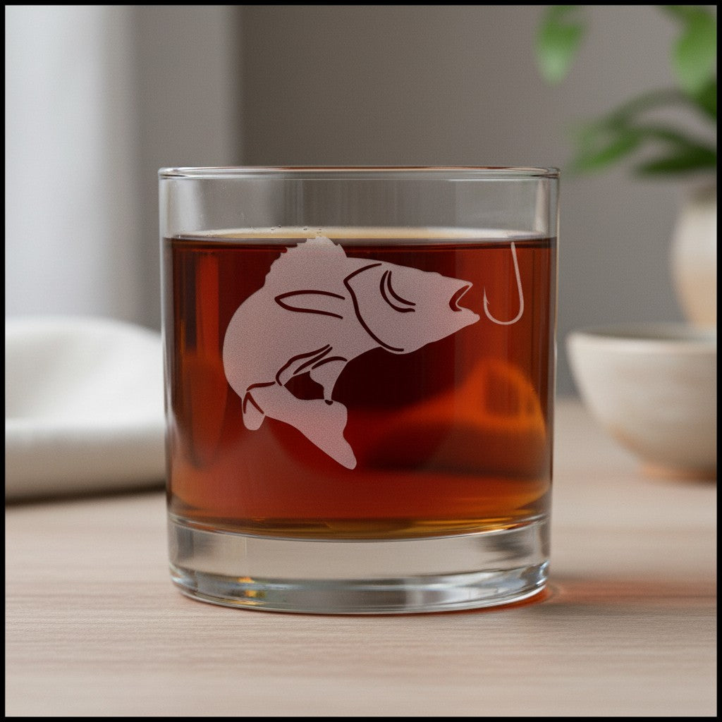 A clear lowball glass tumbler with a frosted pickerel and hook design, filled with amber liquid, set on a light wood surface with a softly blurred indoor background.