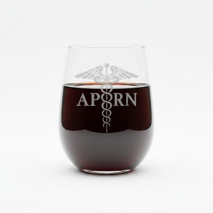 APRN Caduceus 17oz Engraved Stemless Wine Glass - Deeply Etched Glass