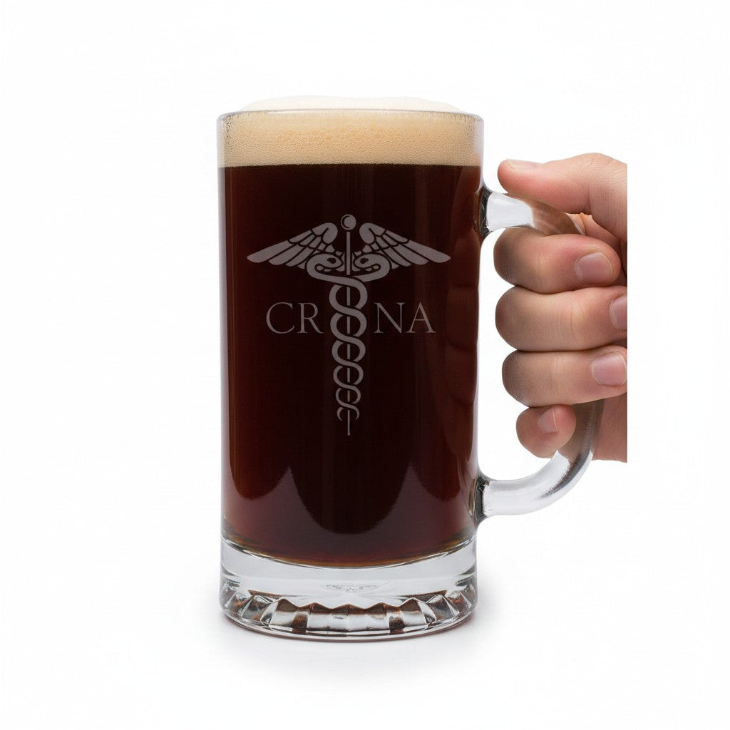 CRNA 16oz Caduceus Beer Mug - Deep Sand Etched Medical Glass