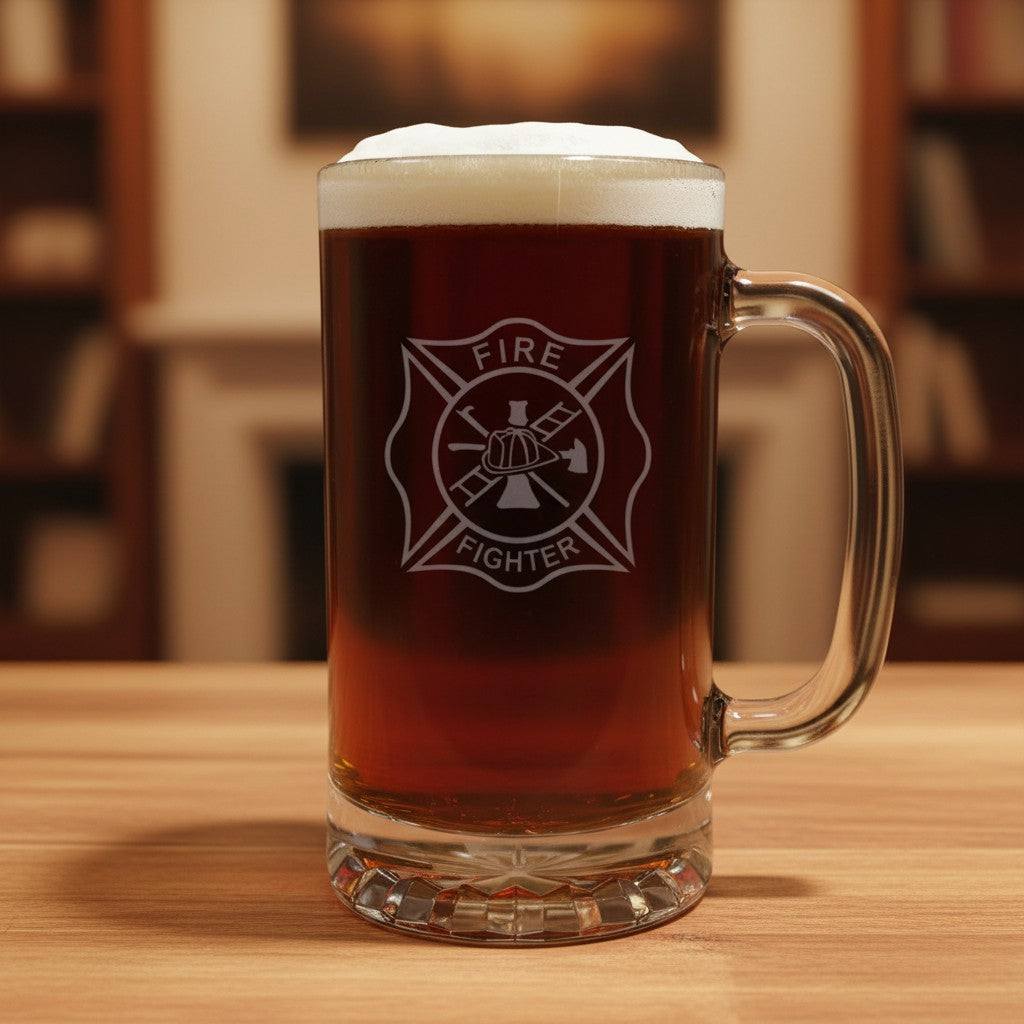 A clear glass beer mug filled with amber beer and topped with white foam, standing on a wooden table. The mug has an etched Maltese cross firefighter emblem with the words 'FIRE FIGHTER' in the center.
