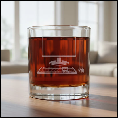 A clear rocks glass filled with amber liquid, featuring an etched computer keyboard and mouse graphic etched on the front, set on a wooden table with a blurred indoor background.