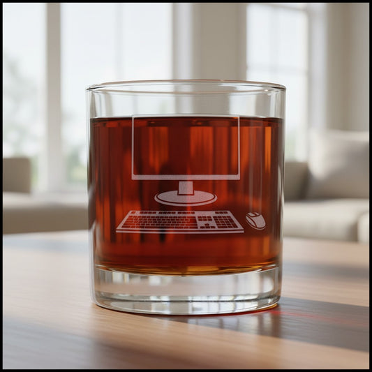 A clear rocks glass filled with amber liquid, featuring an etched computer keyboard and mouse graphic etched on the front, set on a wooden table with a blurred indoor background.