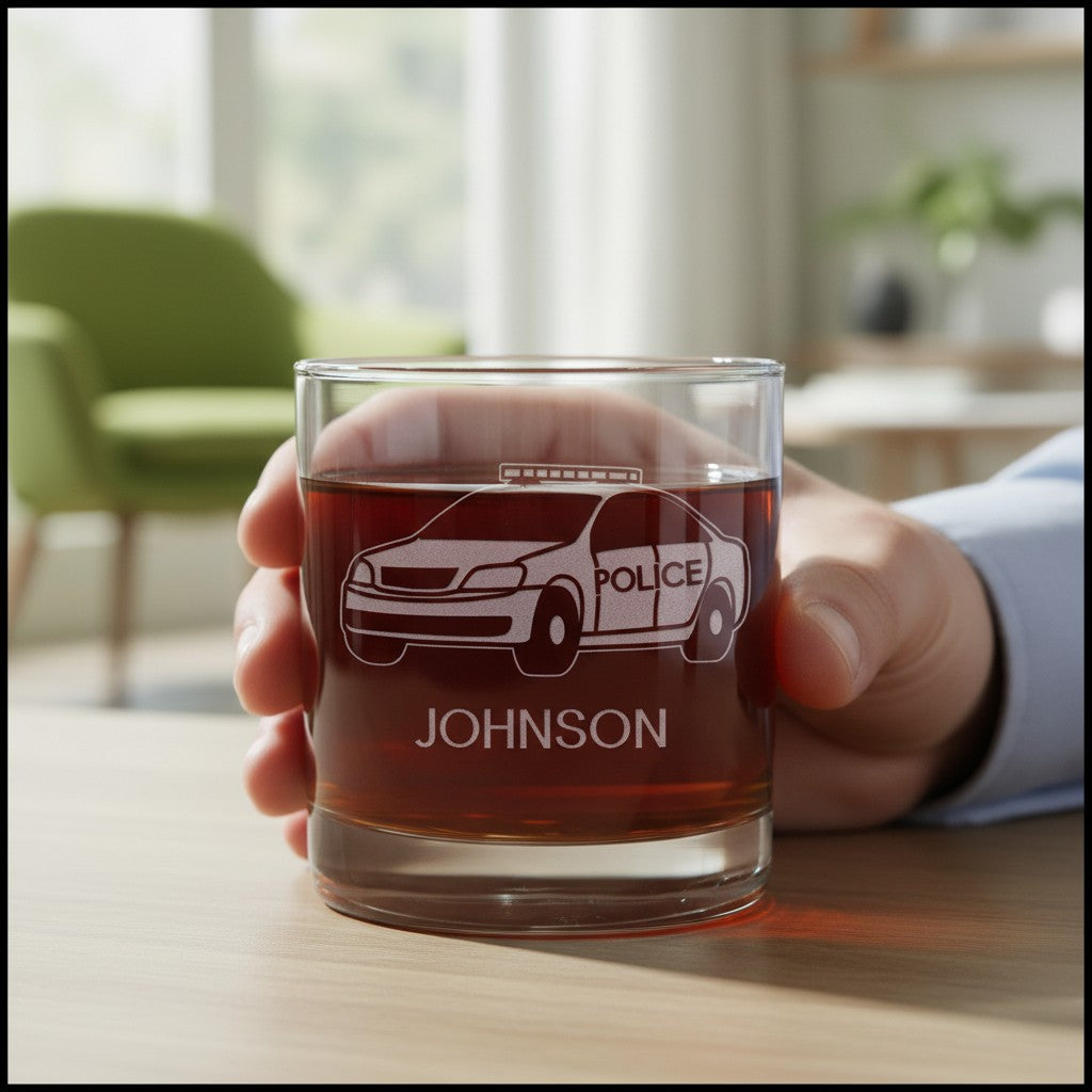 A hand holds a clear rocks glass containing an amber drink. The glass is printed with a white police car design and the name 'JOHNSON'.
