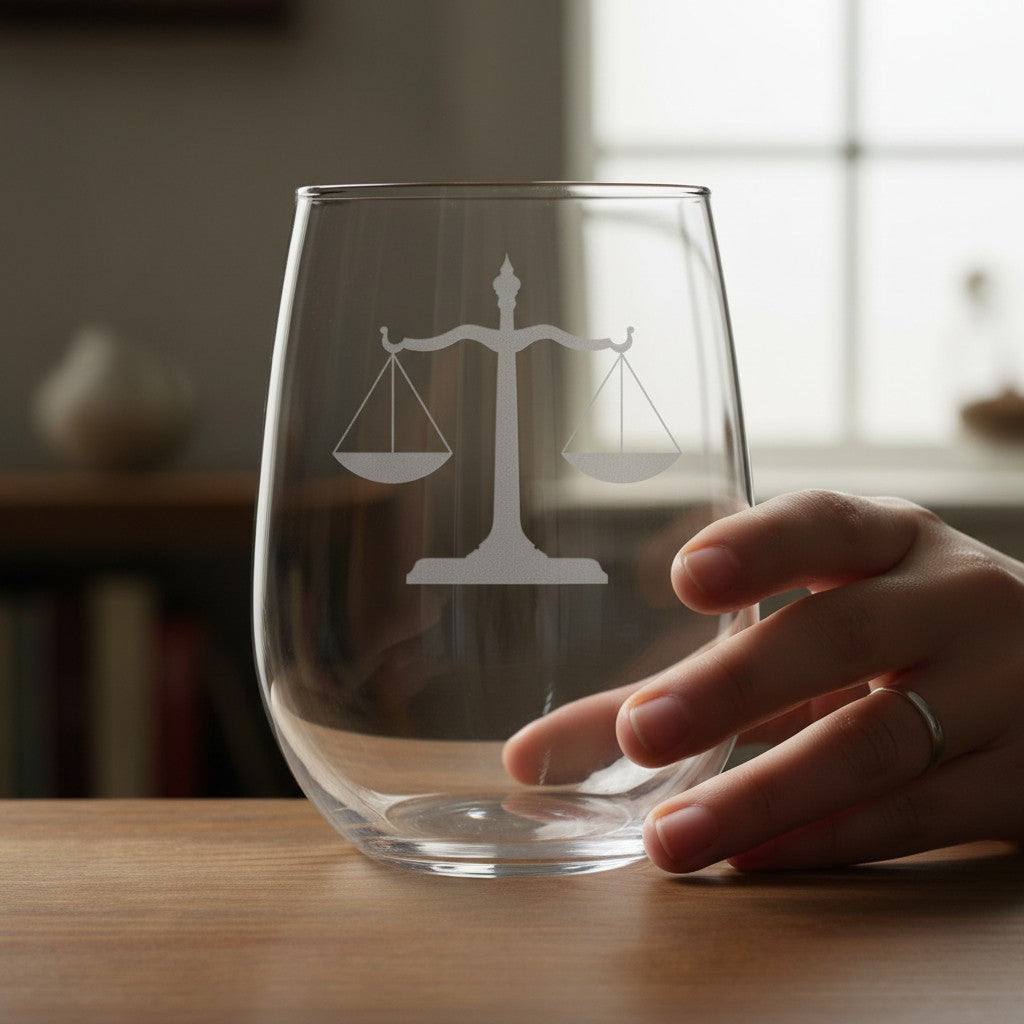 A clear stemless wine glass with a white etched scale of justice symbol, held by a person's hand on a wooden table with a softly blurred indoor background.