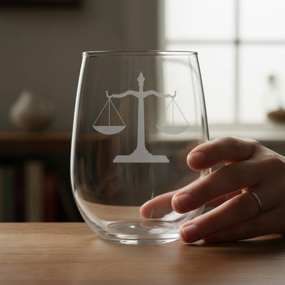 A clear stemless wine glass with a white etched scale of justice symbol, held by a person's hand on a wooden table with a softly blurred indoor background.