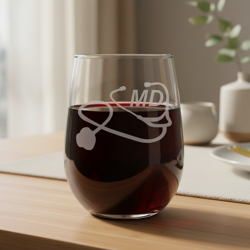 A clear stemless wine glass filled with red wine, etched with a stethoscope and the letters MD, sitting on a light wood table in a softly blurred indoor setting.