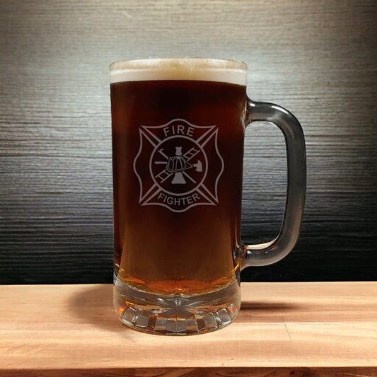 16oz Beer Mug with a design of Fire Fighter Symbol - Dark Beer - Copyright Hues in Glass