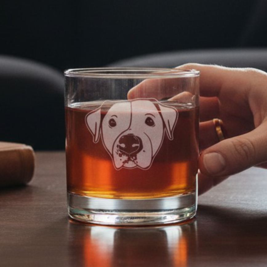 Etched Pitbull Face design on a 11oz whiskey glass with a black couch in the background