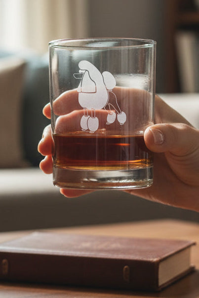 Hand holding a glass of whiskey on a wooden table with a blurred background