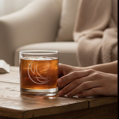 A clear lowball glass with an etched crescent moon, filled with an amber drink and held by a person's hand on a rustic wooden table, with a blurred beige sofa and curtains in the background.