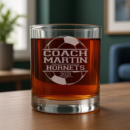 Soccer Coach Engraved 11oz Whiskey Glass - Deeply Etched Rocks Glass