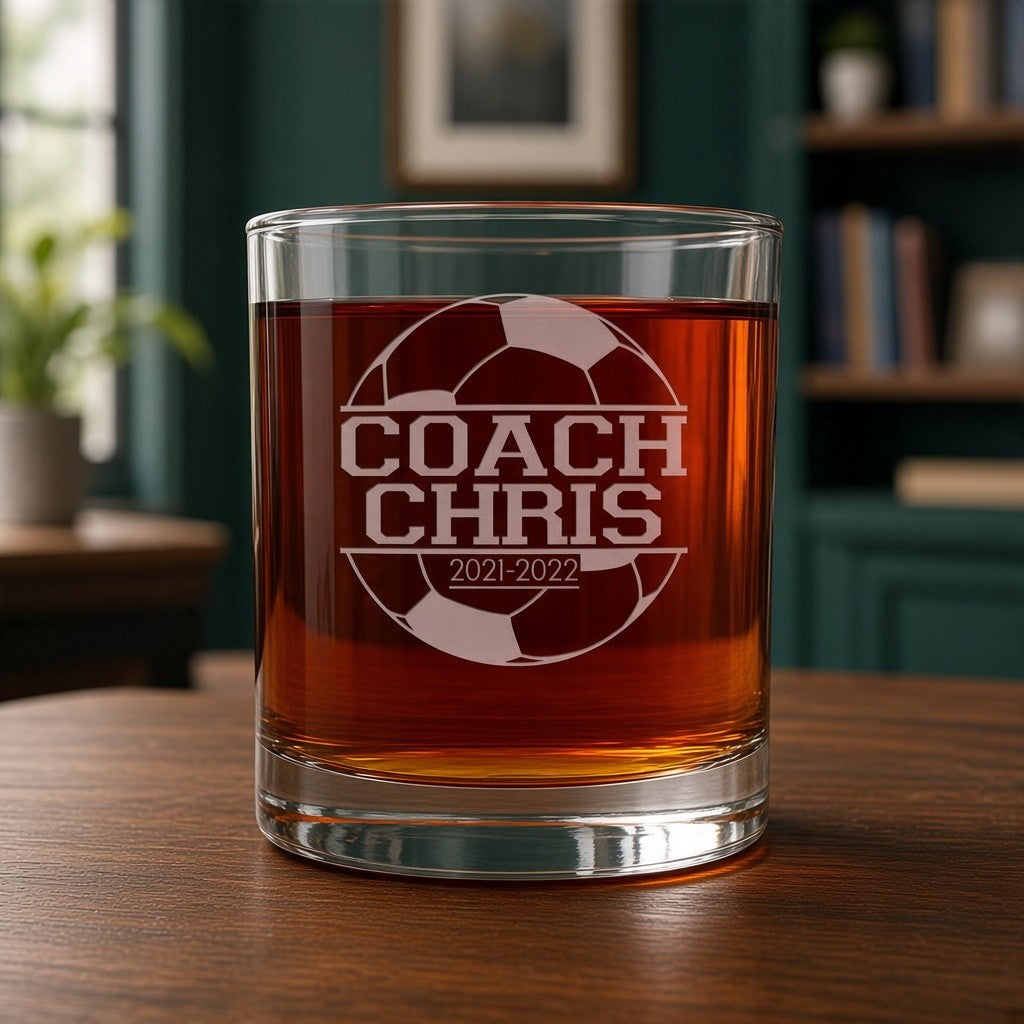 Soccer Coach Engraved 11oz Whiskey Glass - Deeply Etched Rocks Glass