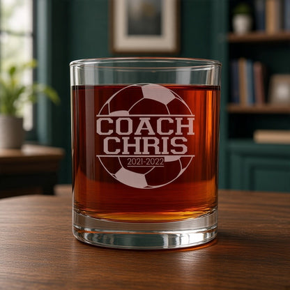 Soccer Coach Engraved 11oz Whiskey Glass - Deeply Etched Rocks Glass