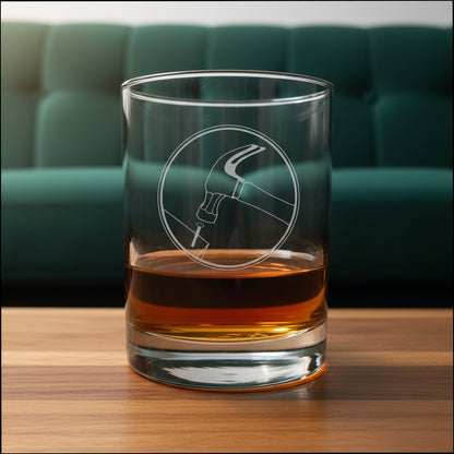 Clear glass with engraved design on a wooden surface and a livingroom background