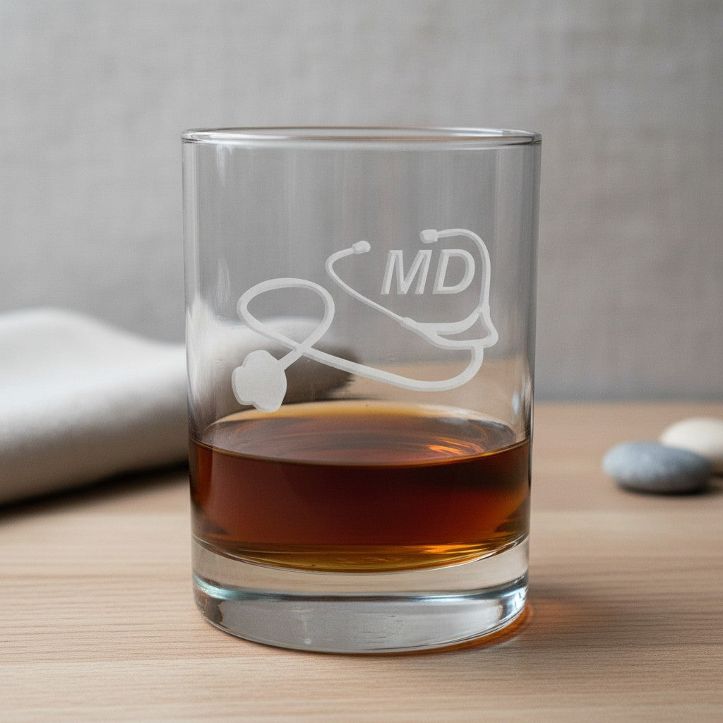 A clear glass rocks tumbler with an etched stethoscope and 'MD' design, partially filled with amber whiskey, set on a light wood surface with a blurred neutral background.