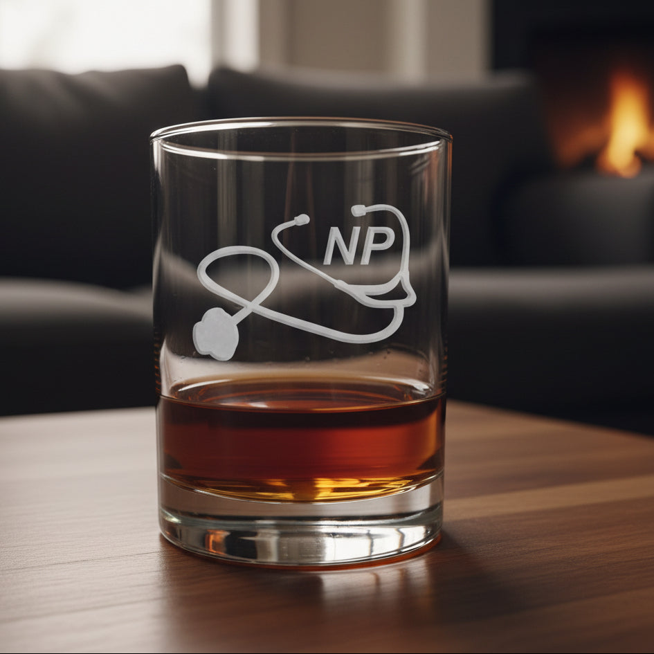 Nurse Practitioner Whiskey Glass with a etched image of a Stethoscope and the designation letters N P on  it - Copyright Hues in Glass