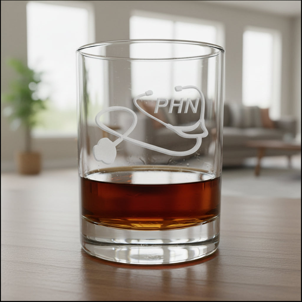 Public Health Nurse 13oz Etched Whiskey Glass with Stethoscope - Personalized Gift for Healthcare Professionals