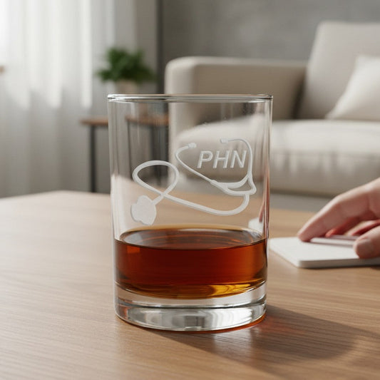 A clear glass rocks tumbler with an etched stethoscope and 'PHN' design, partially filled with amber liquor on a wooden table in a living room setting, with a hand resting nearby.