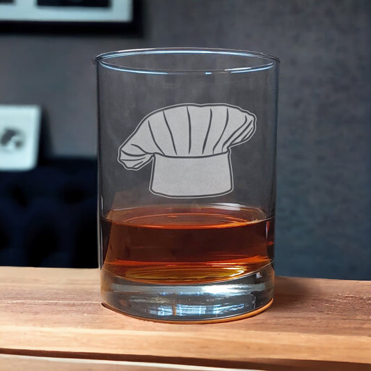 13oz Whiskey Glass with an etched image of a bakers or Chefs hat - Copyright Hues in Glass