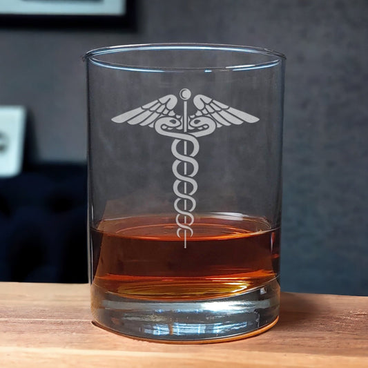13oz  Whiskey Glass with a etched image of a Caduceus - Copyright Hues in Glass