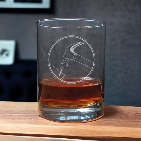 13oz Whiskey Glass with an etched image Carpenter 
- Copyright Hues in Glass