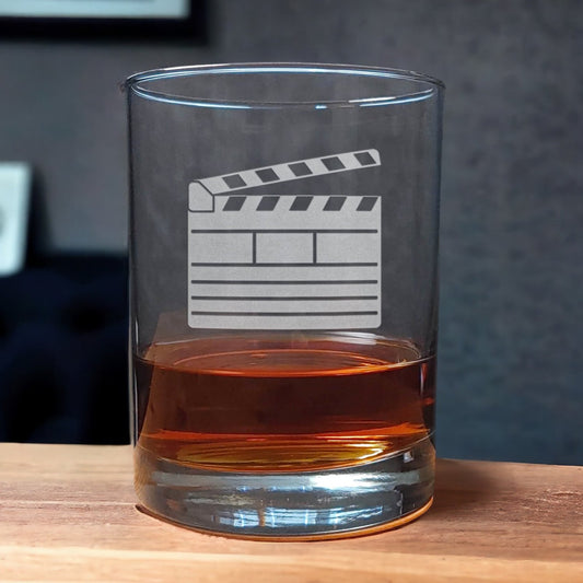13oz Whiskey Glass with an etched image of a film clapper - Copyright Hues in Glass