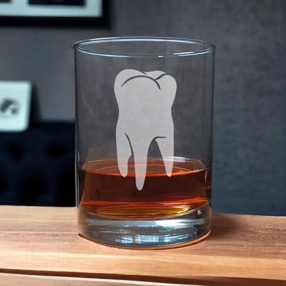 13oz Whiskey Glass with an etched image of a tooth - Copyright Hues in Glass