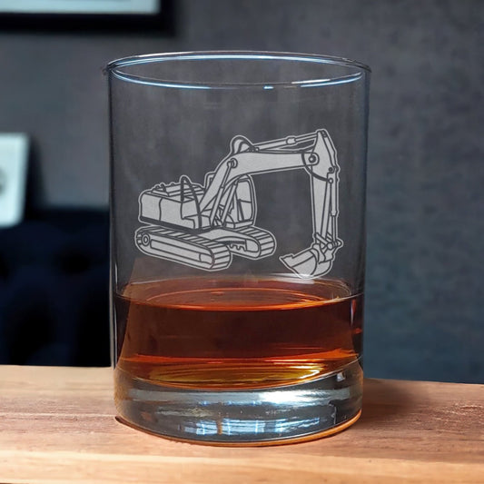 13oz Whiskey Glass with an etched image excavator - Copyright Hues in Glass