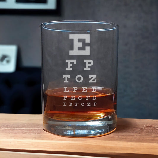Eye Chart Whiskey Glass with a etched image of a Stethoscope - Copyright Hues in Glass