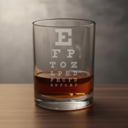 Clear glass tumbler with an eye test chart etched on it, with a amber spirit, on a wooden surface with a grey
background.