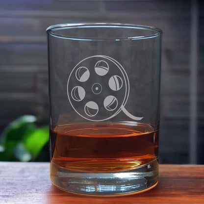 13oz Whiskey Glass with an etched image of a film reel - Copyright Hues in Glass