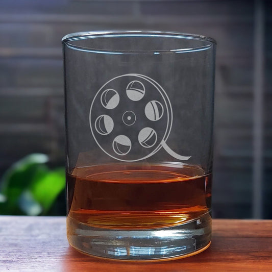 13oz Whiskey Glass with an etched image of a film reel - Copyright Hues in Glass