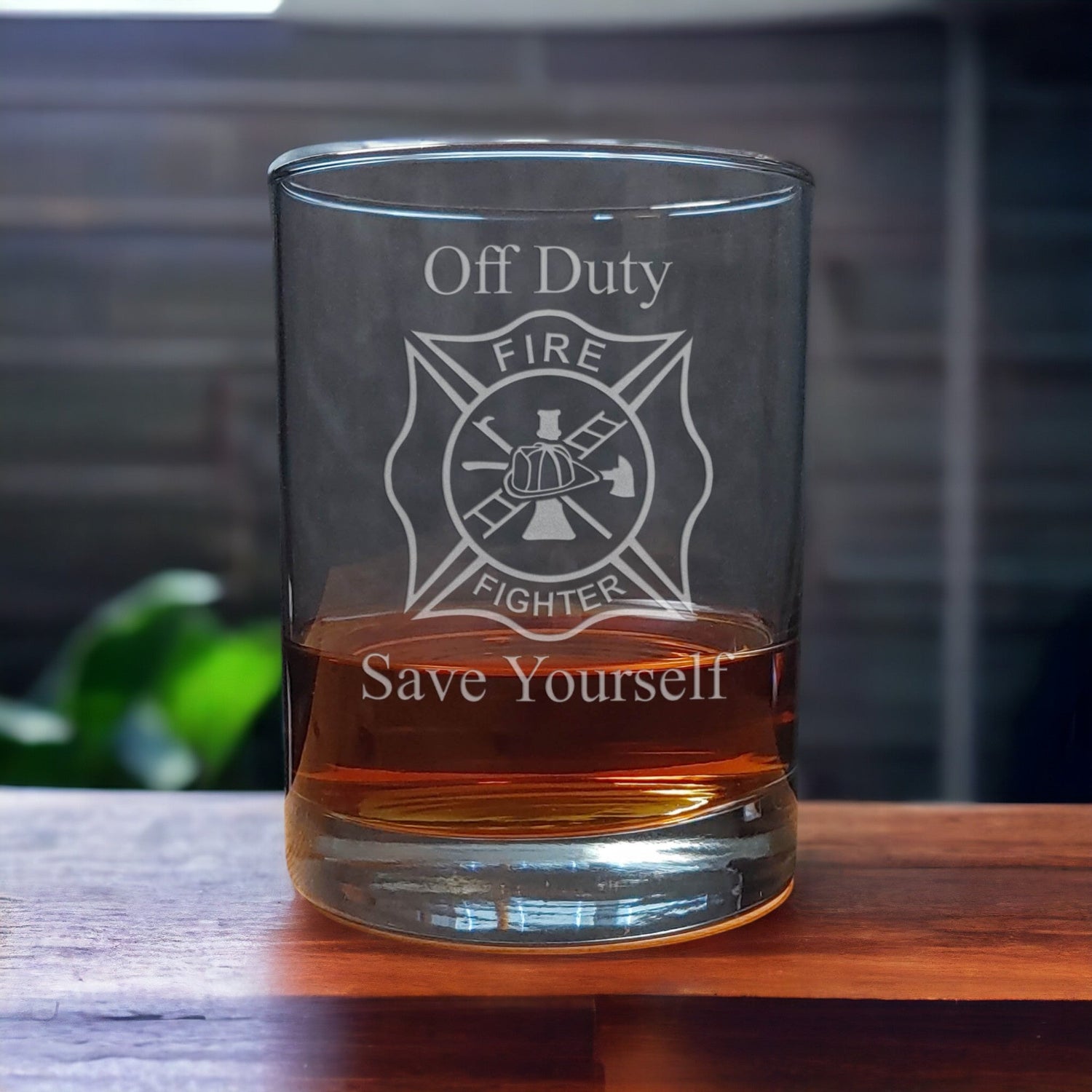 Fire Fighter Personalized 13oz Whisky Glass - Off Duty Save Yourself - Copyright Hues in Glass