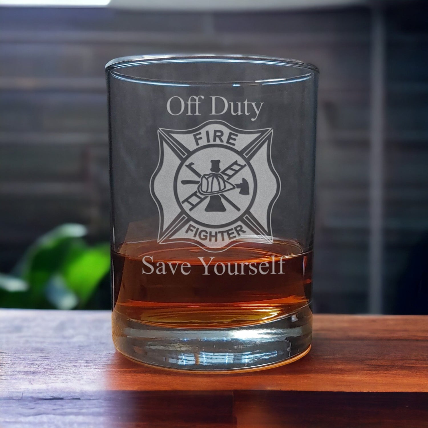 Fire Fighter Personalized 13oz Whisky Glass - Off Duty Save Yourself - Copyright Hues in Glass