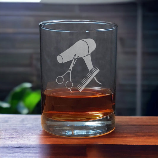 13oz Whiskey Glass with an etched image of a hairdryer, scissors, and comb